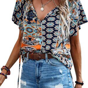 Women's Summer Casual Floral V-Neck Ruffle Top in Navy Blue, Size M